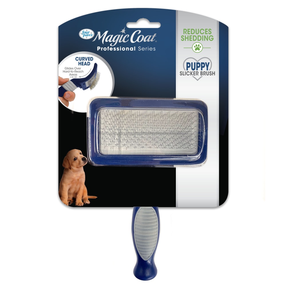 Front view of Fourpaws Comfort Grip Puppy Slicker Brush in packaging