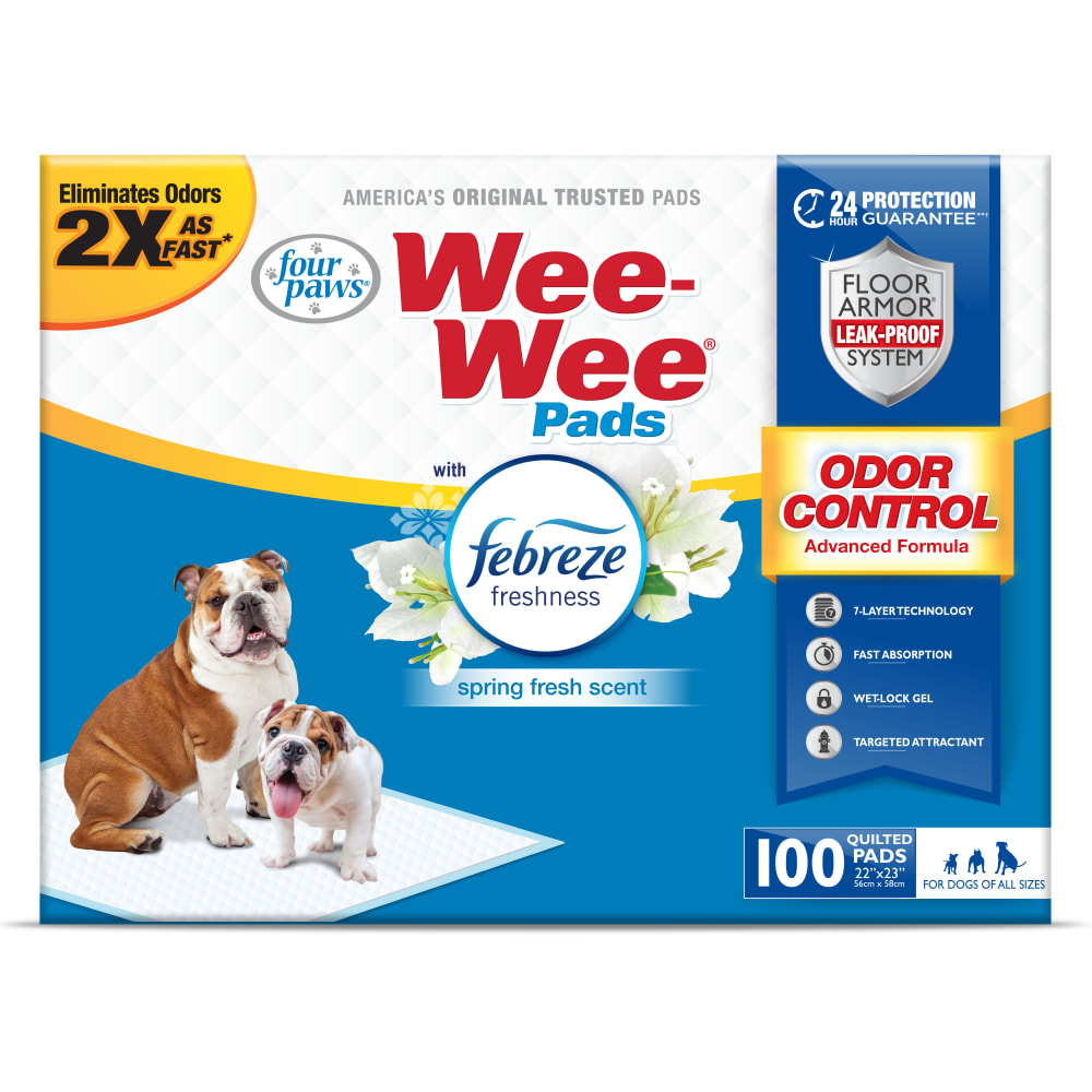 Front view of Four Paws Wee Wee Odor Control Febreze Box 100ct in packaging