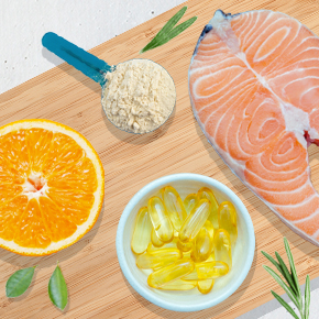 Superblends ingredients on a cutting, with ingredients like salmon and oranges.